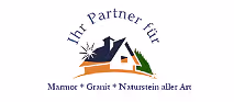 Logo mit Hausdach, Werkzeugen und Text 'Ihr Partner für Marmor • Granit • Naturstein aller Art'